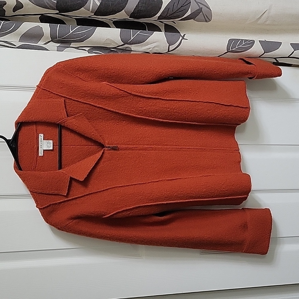 Jillian Jones 100% Wool Felt Structured Lightweight Zip Up Jacket in Orange, L